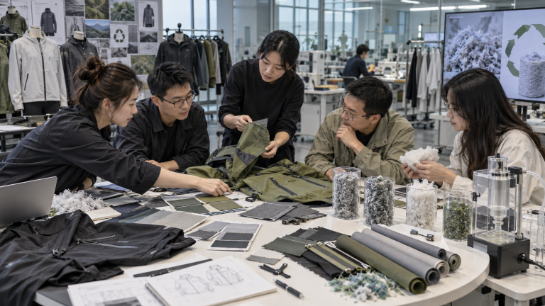 Chinese apparel development team evaluating circular outerwear materials and recycling options