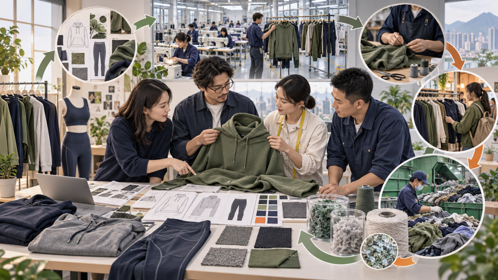 Asian fashion SME and garment factory team reviewing durable hoodies repair methods and recycled fabrics
