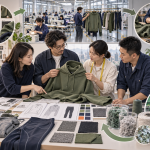 Asian fashion SME and garment factory team reviewing durable hoodies repair methods and recycled fabrics