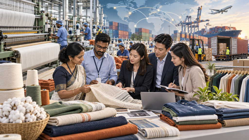 Indian textile professionals and Asian apparel buyers reviewing cotton fabrics garments and export plans
