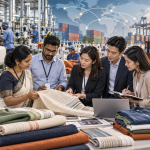 Indian textile professionals and Asian apparel buyers reviewing cotton fabrics garments and export plans