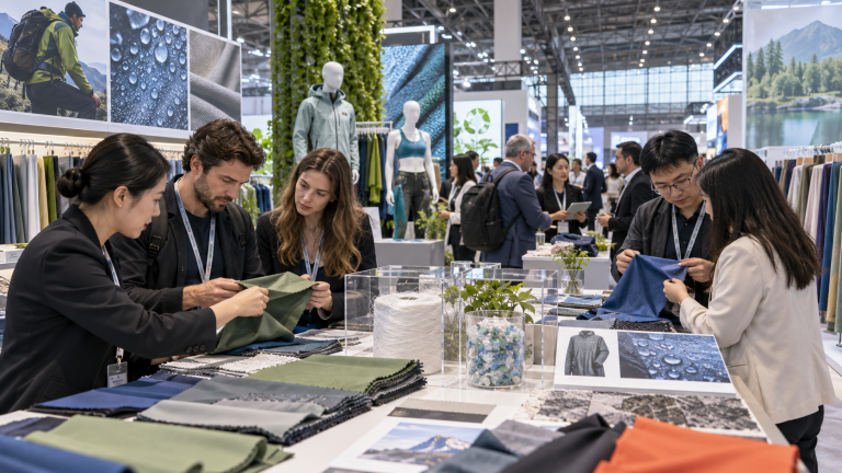 Chinese textile suppliers and international apparel buyers examining performance fabrics at a Shanghai trade fair