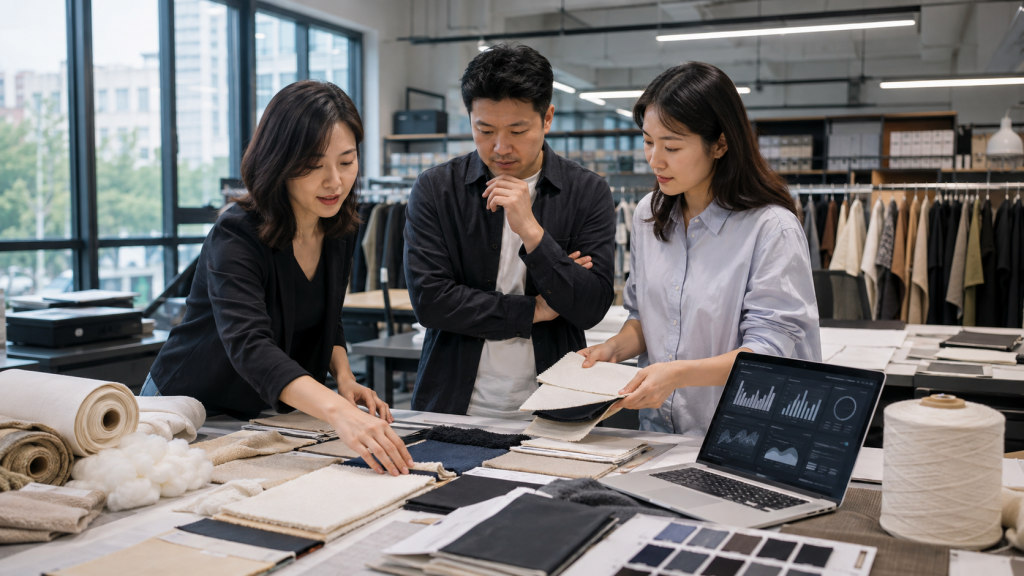 Chinese apparel sourcing team reviewing raw-material portfolio data and fabric samples