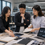 Chinese apparel sourcing team reviewing raw-material portfolio data and fabric samples