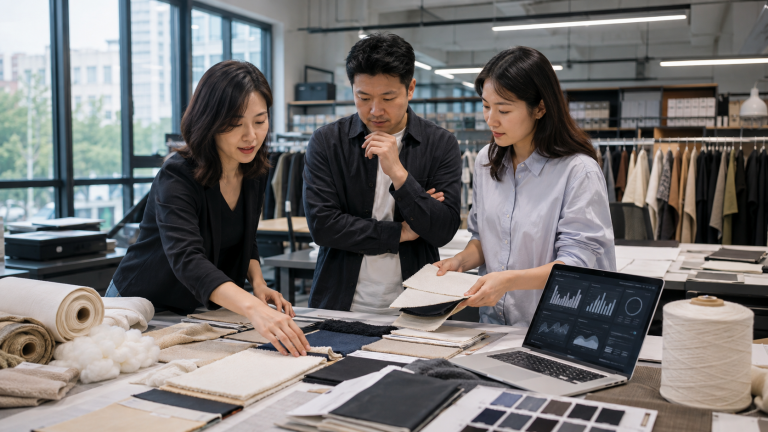 Chinese apparel sourcing team reviewing raw-material portfolio data and fabric samples