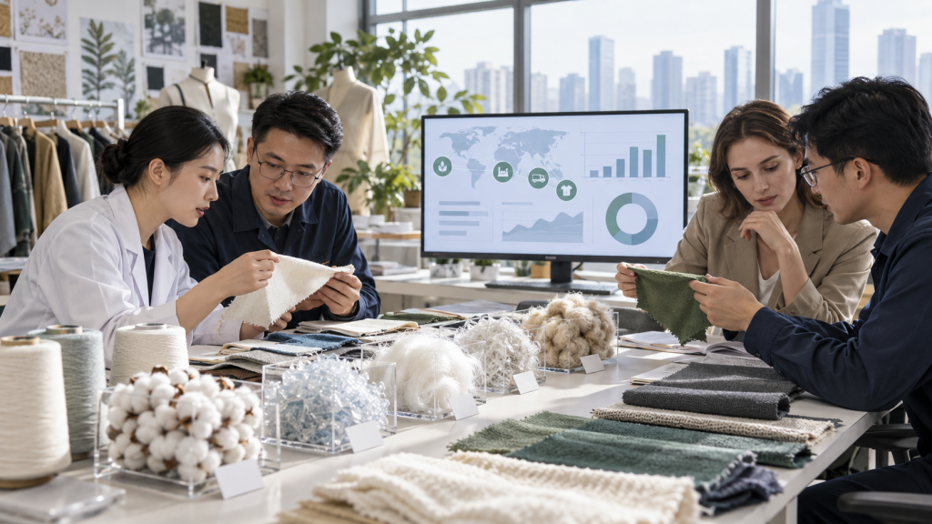 Chinese textile engineers and international apparel buyers comparing fiber samples with a digital sourcing dashboard