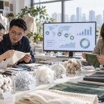 Chinese textile engineers and international apparel buyers comparing fiber samples with a digital sourcing dashboard