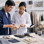 Textile specialists reviewing fabric samples for material traceability and assurance