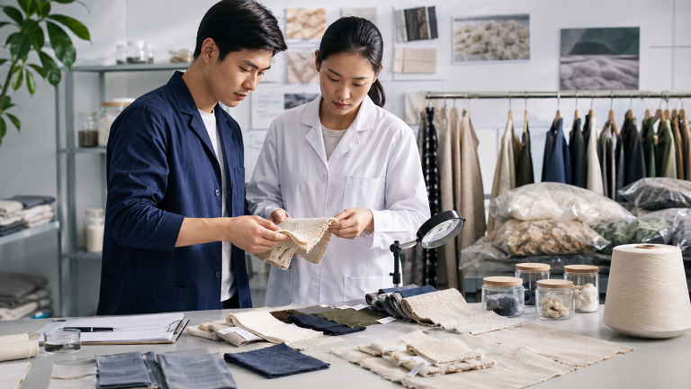Textile specialists reviewing fabric samples for material traceability and assurance