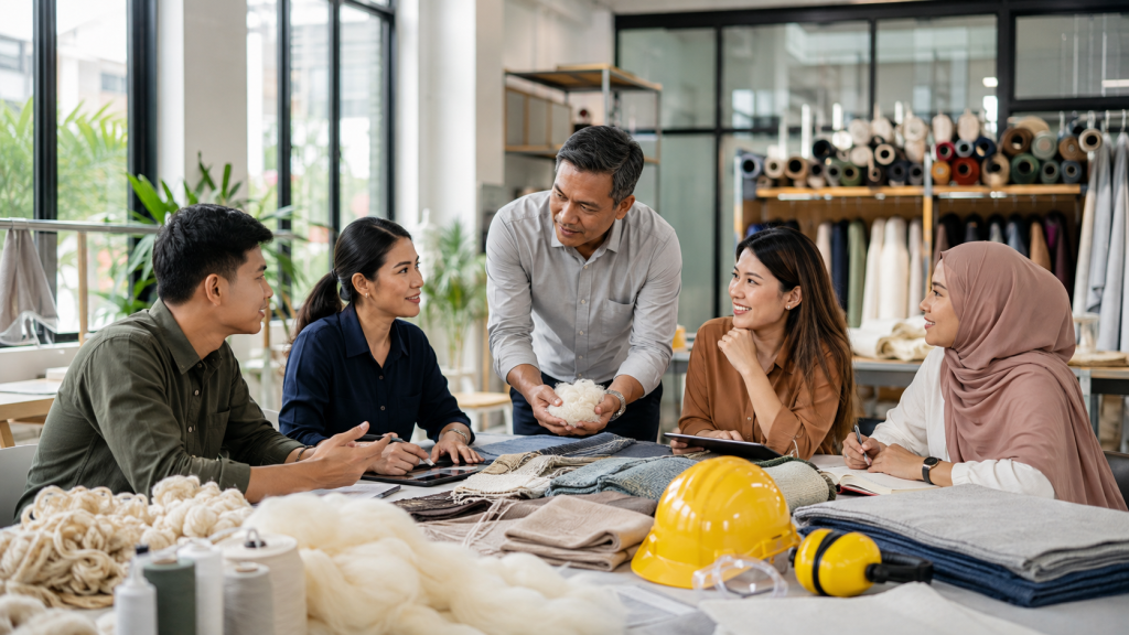 Asian textile professionals discussing worker wellbeing and raw-material due diligence