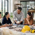 Asian textile professionals discussing worker wellbeing and raw-material due diligence
