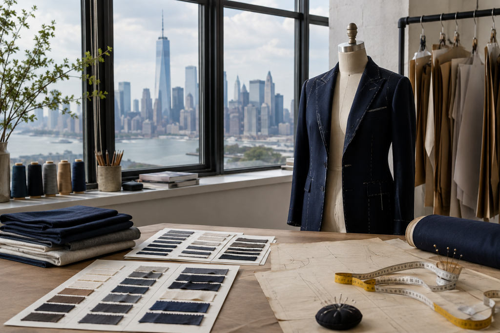 AI-generated illustration of a garment development studio with fabric swatches, a navy jacket and the New York skyline
