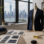 AI-generated illustration of a garment development studio with fabric swatches, a navy jacket and the New York skyline