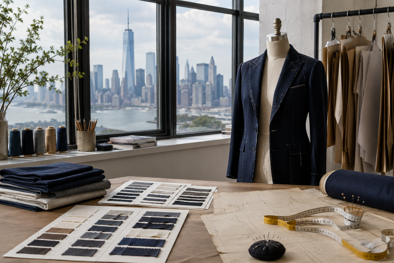 AI-generated illustration of a garment development studio with fabric swatches, a navy jacket and the New York skyline