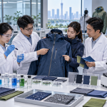Asian textile laboratory team testing waterproof outerwear fabrics and safer finish options in China