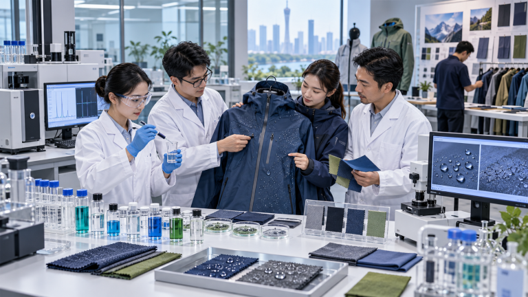 Asian textile laboratory team testing waterproof outerwear fabrics and safer finish options in China