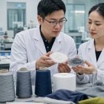 Chinese textile specialists comparing recycled and virgin polyester materials in a laboratory