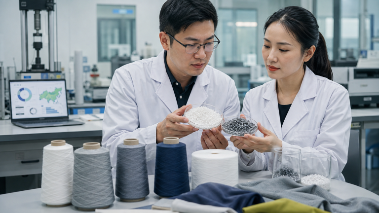 Chinese textile specialists comparing recycled and virgin polyester materials in a laboratory
