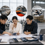 Asian apparel professionals mapping textile production stages from yarn to shipment