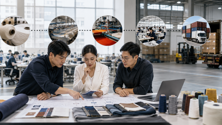 Asian apparel professionals mapping textile production stages from yarn to shipment