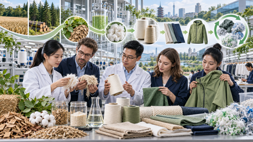 Asian textile engineers and international specialists evaluating bio-based fibers yarn fabrics and outerwear