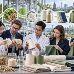 Asian textile engineers and international specialists evaluating bio-based fibers yarn fabrics and outerwear