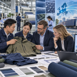 Asian garment factory managers and European buyers reviewing outerwear quality capacity and logistics plans