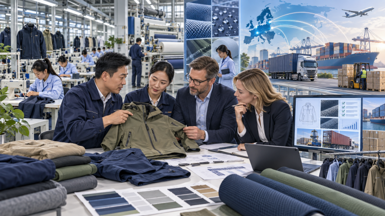 Asian garment factory managers and European buyers reviewing outerwear quality capacity and logistics plans