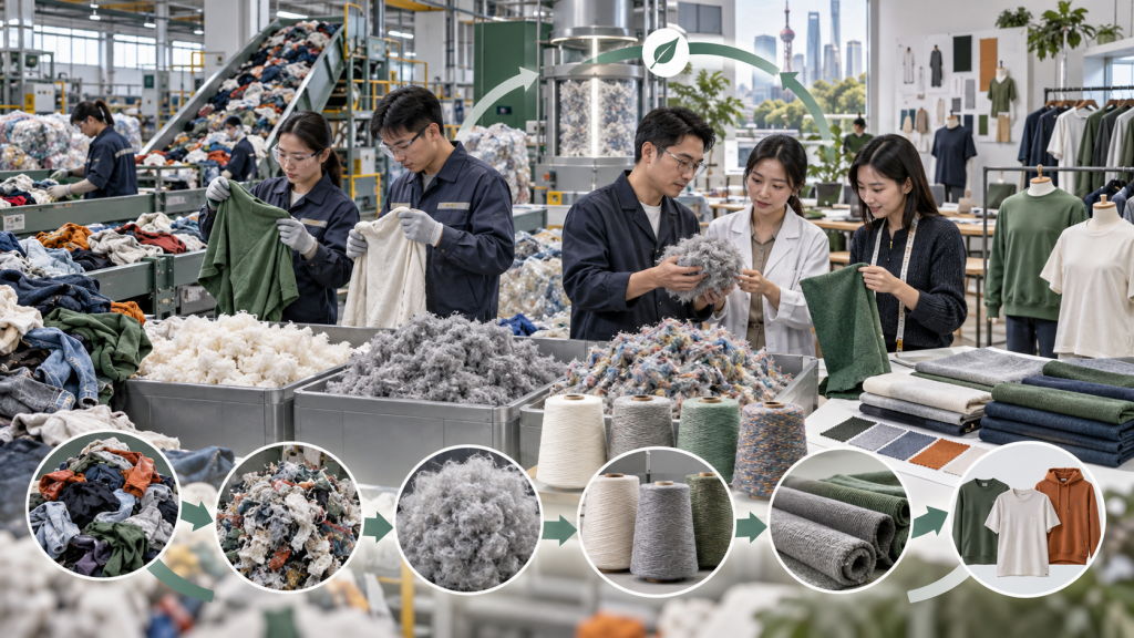 Asian textile recycling and apparel development teams inspecting sorted garments recycled fiber yarn and new fabrics