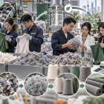 Asian textile recycling and apparel development teams inspecting sorted garments recycled fiber yarn and new fabrics
