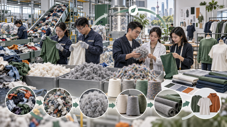 Asian textile recycling and apparel development teams inspecting sorted garments recycled fiber yarn and new fabrics