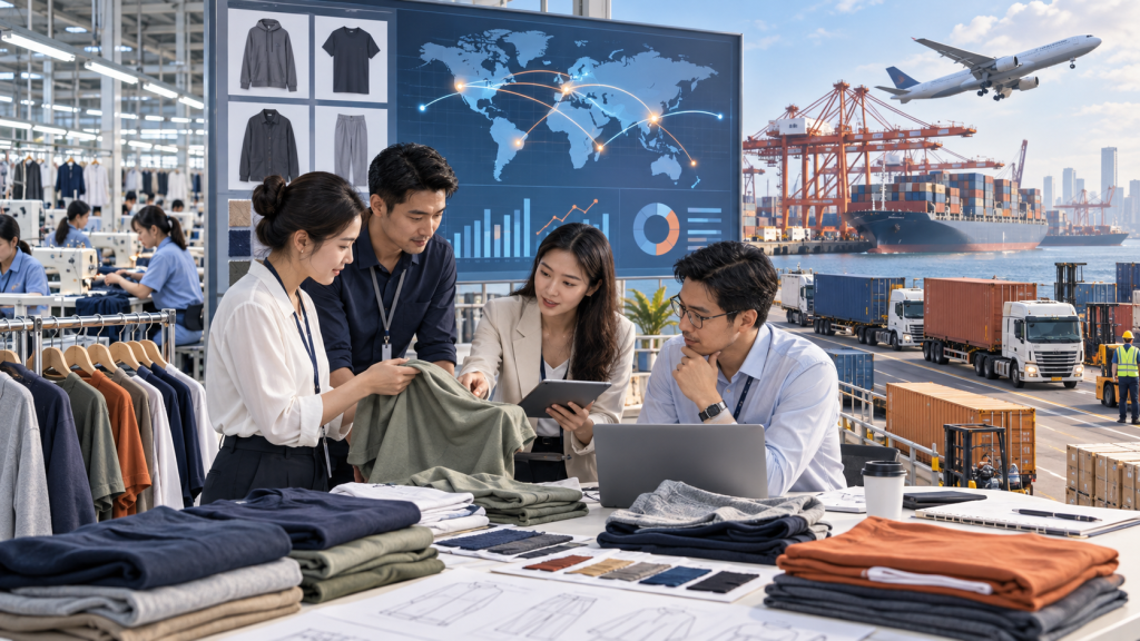 Asian apparel sourcing team reviewing garment orders and global logistics at a Chinese factory