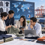 Asian apparel sourcing team reviewing garment orders and global logistics at a Chinese factory
