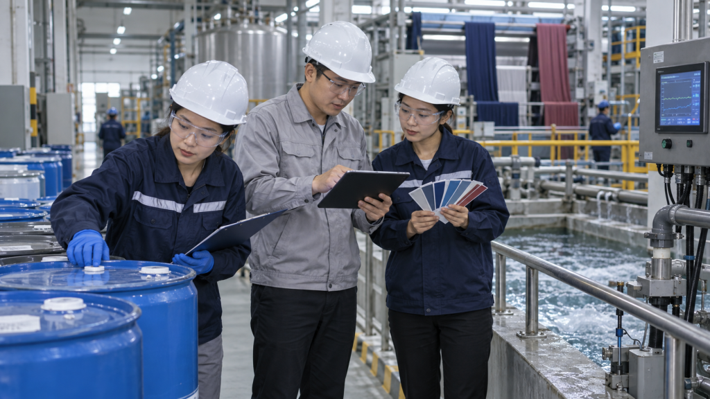 Chinese textile chemical-management team inspecting dyeing inputs and wastewater controls